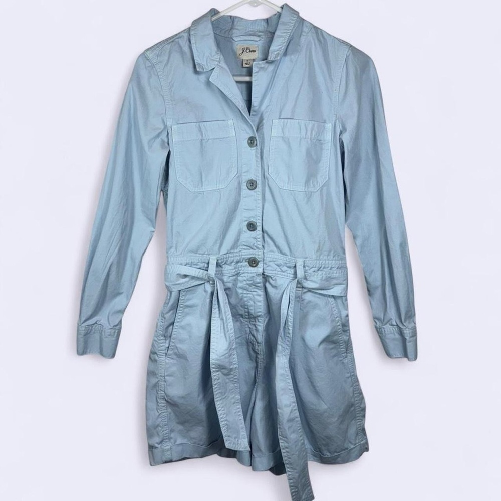 J.Crew Light Blue Utility Romper Size 0 Button Front Tie Waist